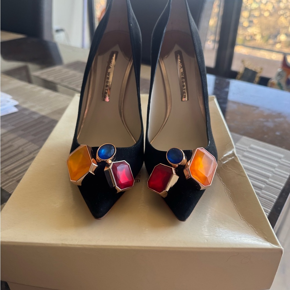 Sophia Webster Black and Orange Heels with Gem Accents